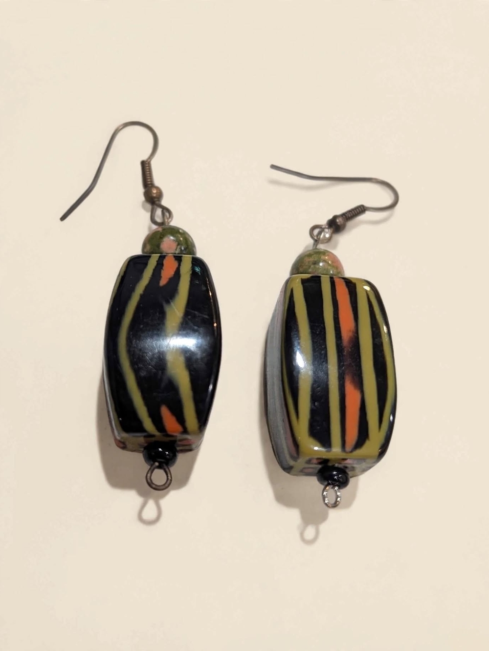 Handmade Black Bead Drop Earrings with Yellow and Orange Accents